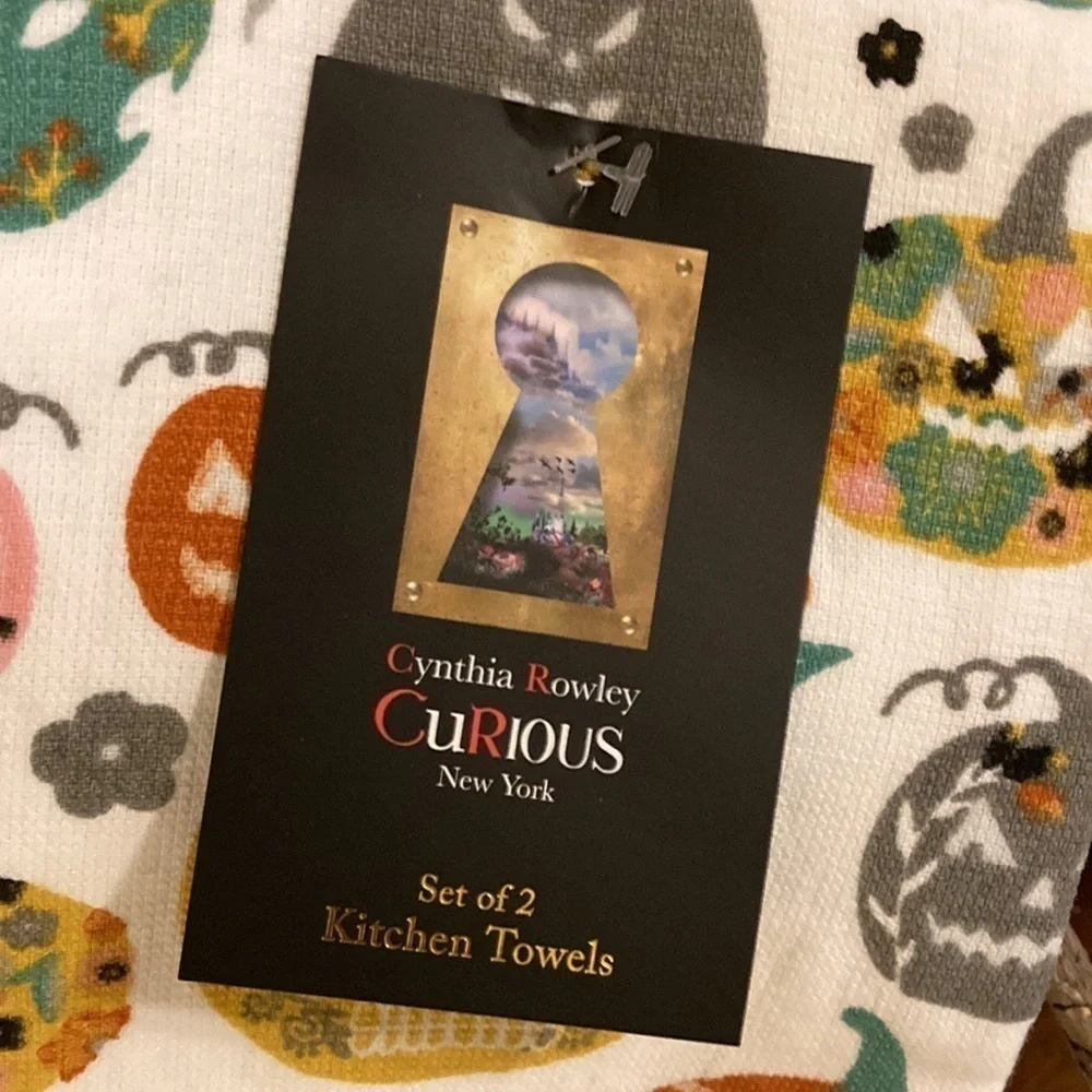 NWT! CYNTHIA ROWLEY CURIOUS FLORAL SKULL PUMPKINS HALLOWEEN KITCHEN TOWELS
